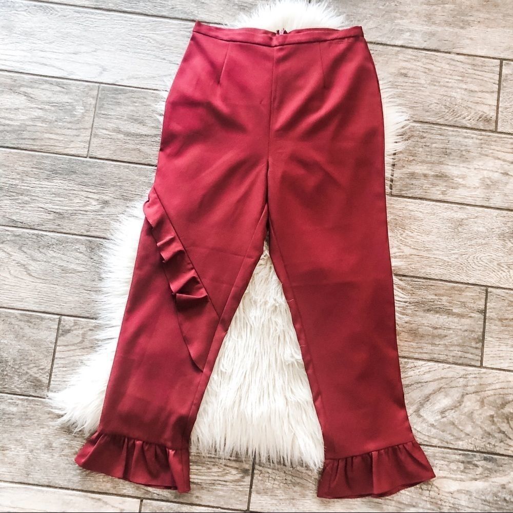 High Waisted Maroon Ruffle Cropped Pants